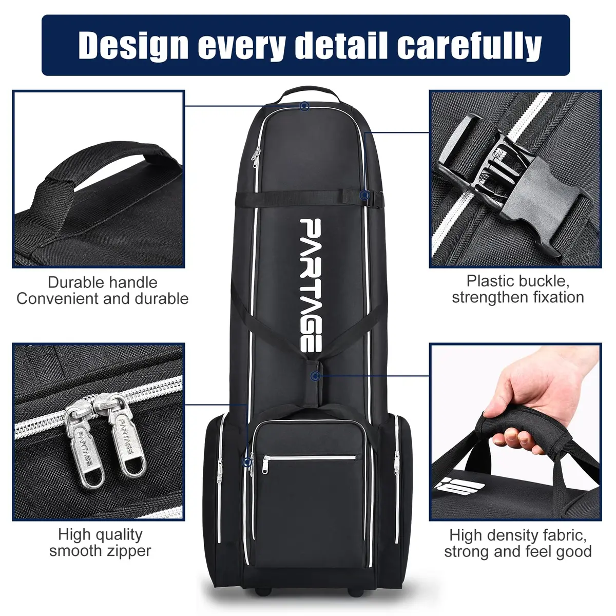 Partage Golf Travel Bag with Wheels | Heavy Duty Oxford, 600D Waterproof Fabric, Black | 51" Open Size - view 2