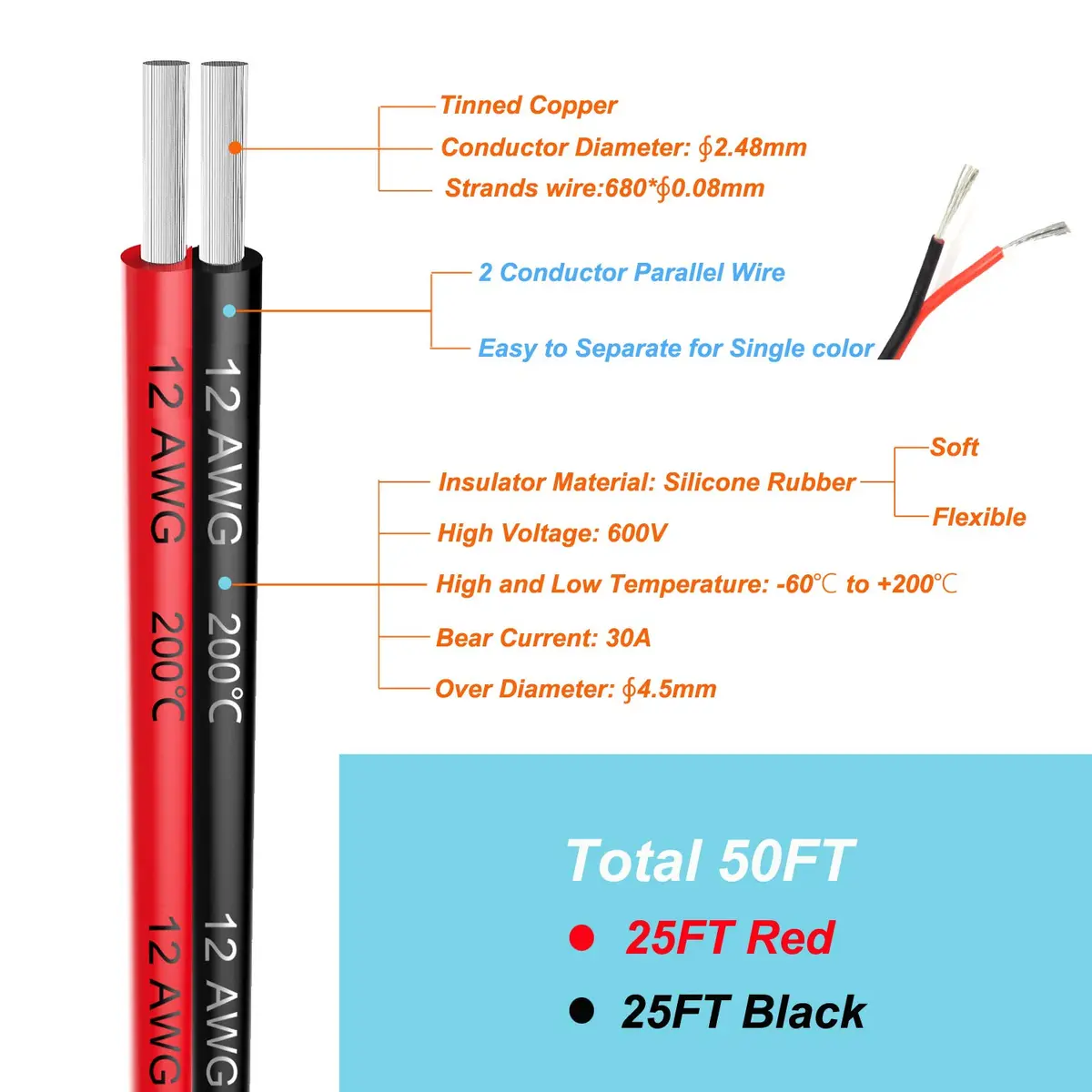 Haerkn 12awg Silicone Electrical Wire 25ft | Tinned Copper, 600V, Flexible & Durable - view 2