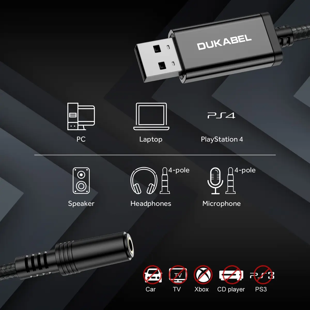 DUKABEL USB Headphone Adapter 25cm | External Sound Card for PC, PS4, PS5, Mac, Linux - view 2