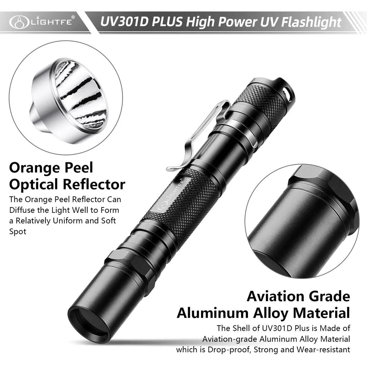 LIGHTFE Black Light 365nm UV Flashlight UV301D-Plus Vision with SSC UV LED | Max 3000mW Power, Black Filter Lens, 2 AA Batteries - view 5
