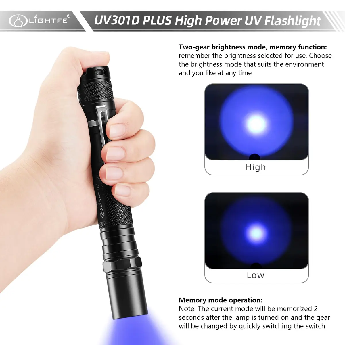 LIGHTFE Black Light 365nm UV Flashlight UV301D-Plus Vision with SSC UV LED | Max 3000mW Power, Black Filter Lens, 2 AA Batteries - view 2