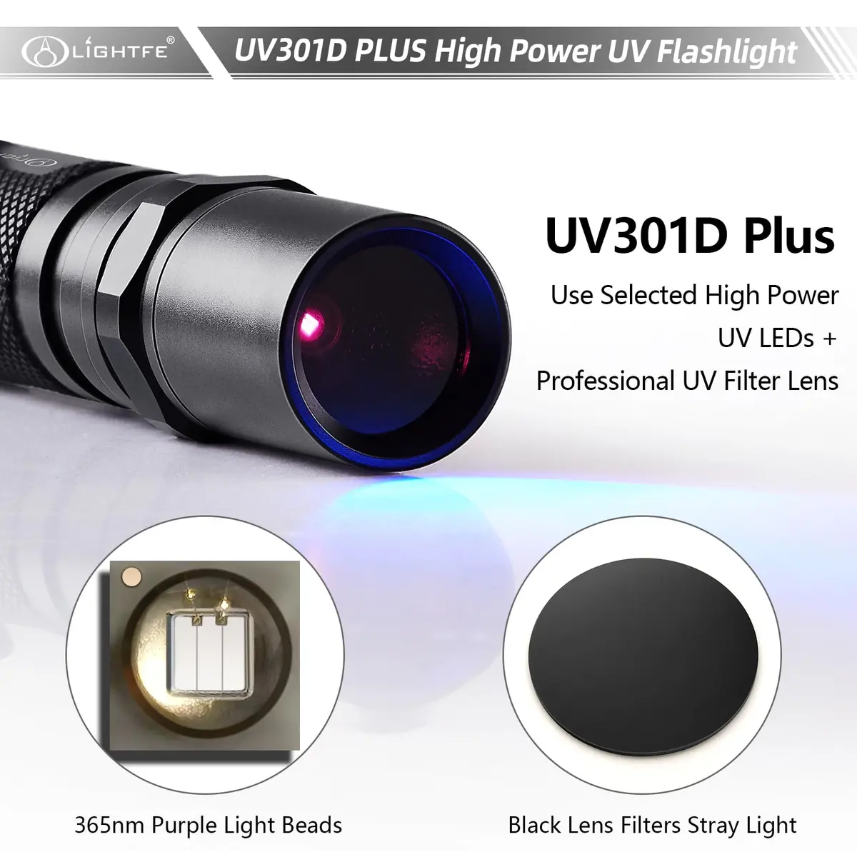 LIGHTFE Black Light 365nm UV Flashlight UV301D-Plus Vision with SSC UV LED | Max 3000mW Power, Black Filter Lens, 2 AA Batteries - view 3