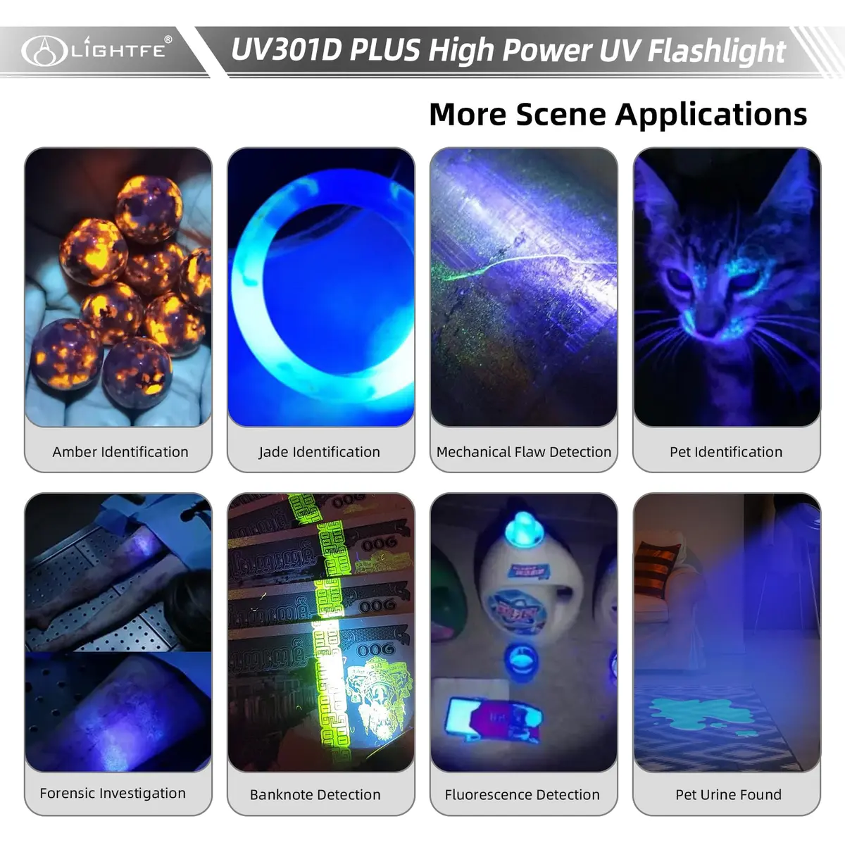 LIGHTFE Black Light 365nm UV Flashlight UV301D-Plus Vision with SSC UV LED | Max 3000mW Power, Black Filter Lens, 2 AA Batteries - view 4