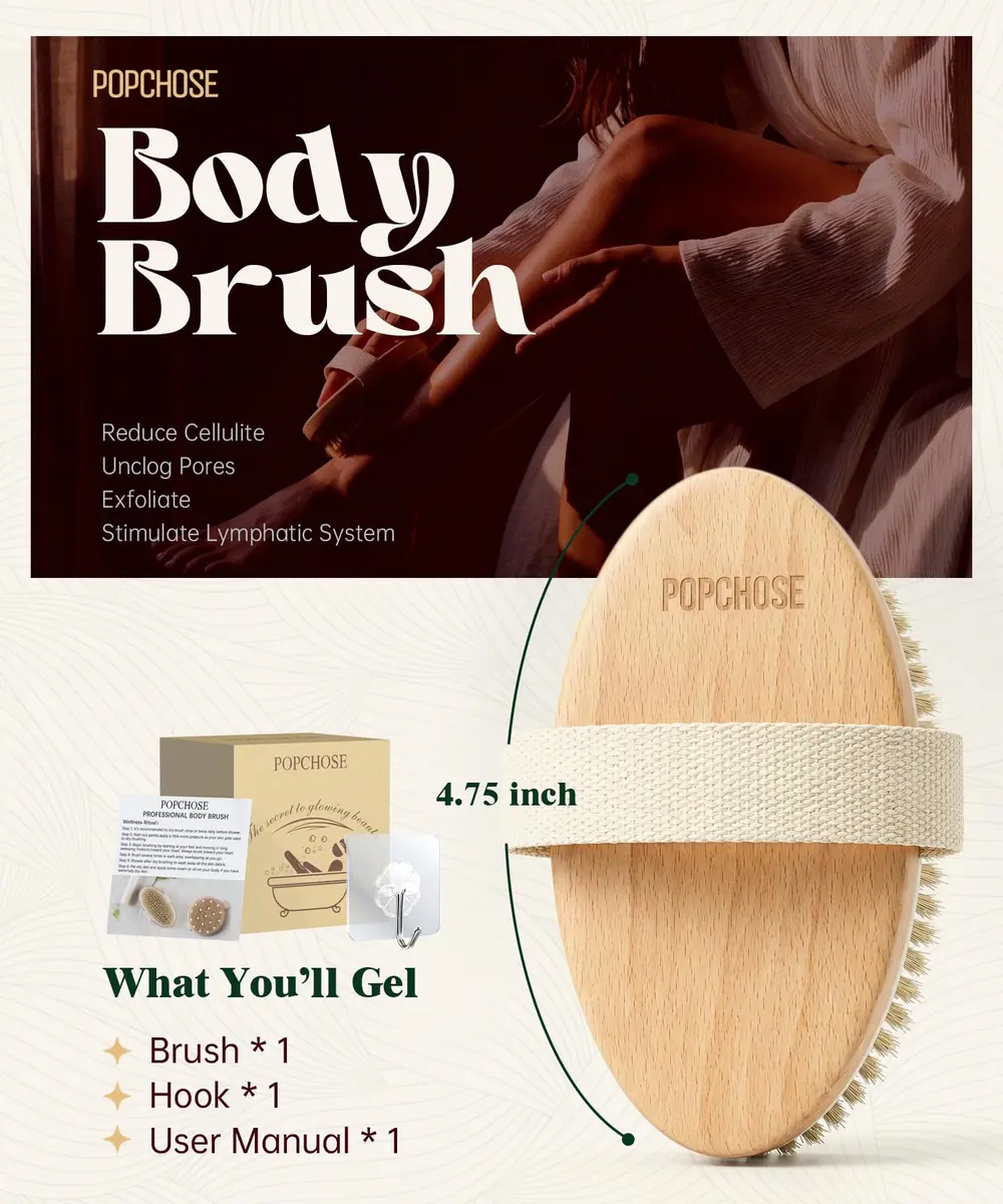 POPCHOSE Dry Brush for Lymphatic Drainage, Dry Brushing Body Brush | Natural Boar Bristles & Wooden Handle - view 6