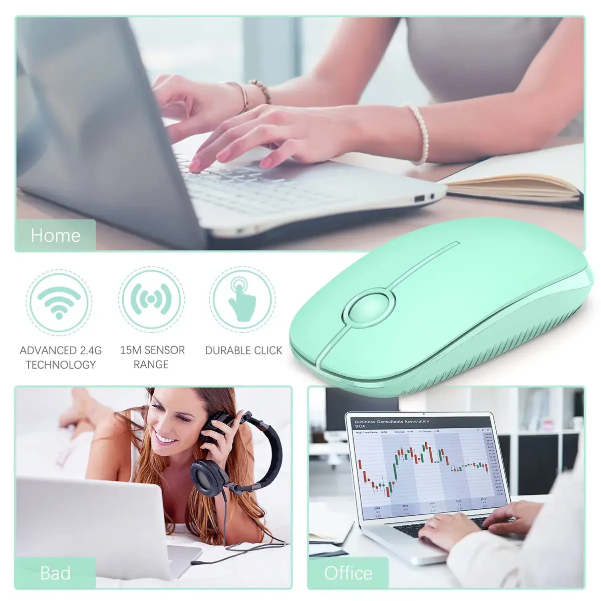 VssoPlor Wireless Mouse, 2.4G Slim Computer Laptop Mouse, Mint Green | Quiet Clicks & Stable Connection - view 6