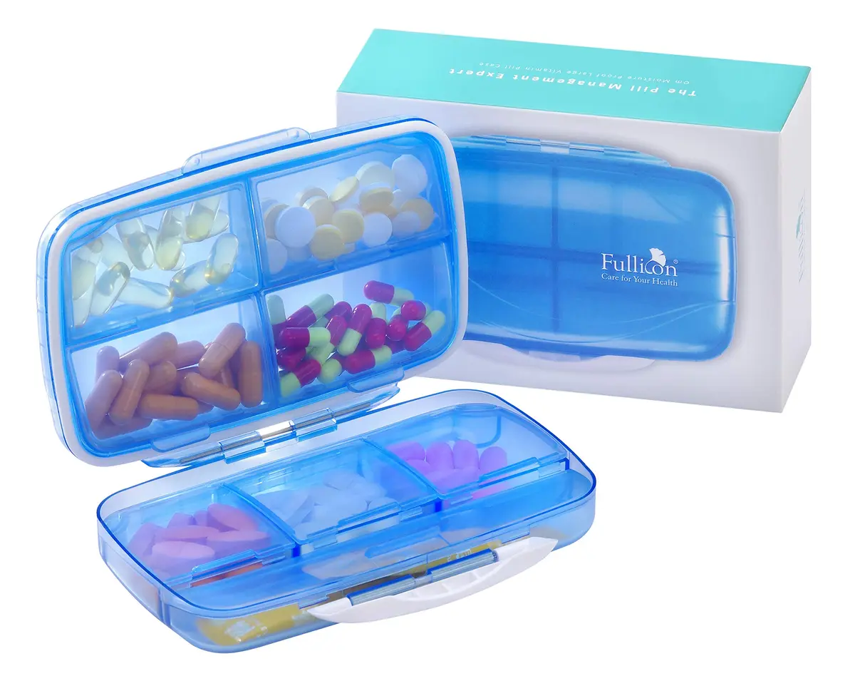 Fullicon Moisture Proof Travel Pill Organizer, 8 Compartments, Blue | Large Capacity, Airtight & Labelable - main product image