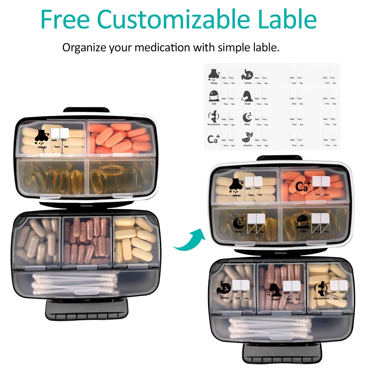 Fullicon Moisture Proof Travel Pill Organizer, 8 Compartments, Blue | Large Capacity, Airtight & Labelable - view 5