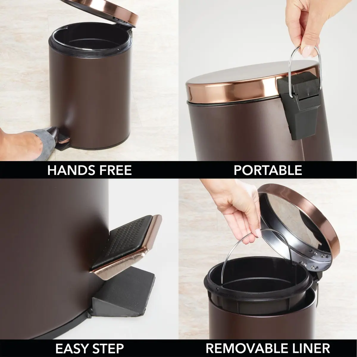 mDesign Pedal Bin - Metal Waste Bin with Pedal, Lid & Plastic Bucket Insert - 5L Capacity, Bronze/Rose Gold - view 6