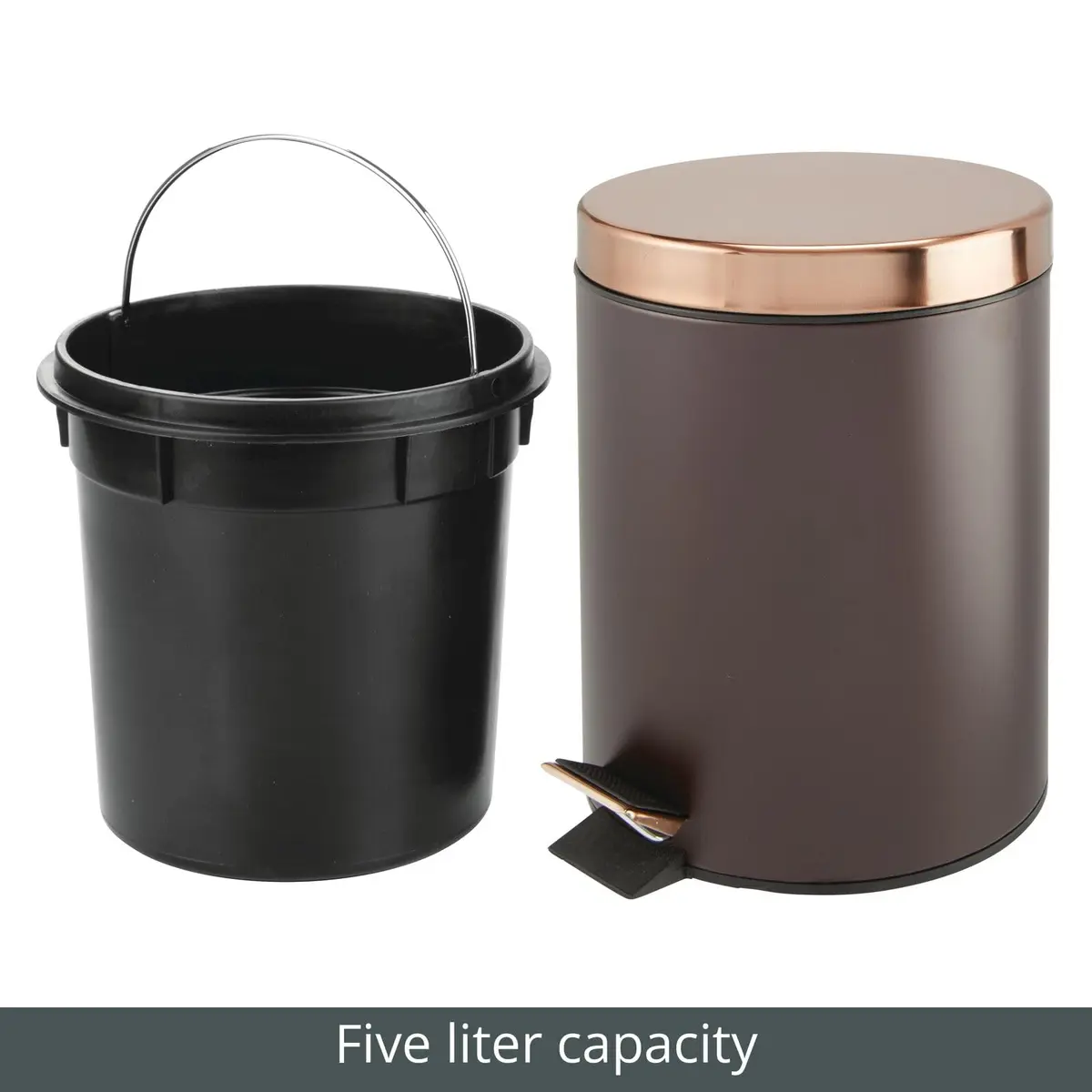 mDesign Pedal Bin - Metal Waste Bin with Pedal, Lid & Plastic Bucket Insert - 5L Capacity, Bronze/Rose Gold - view 7