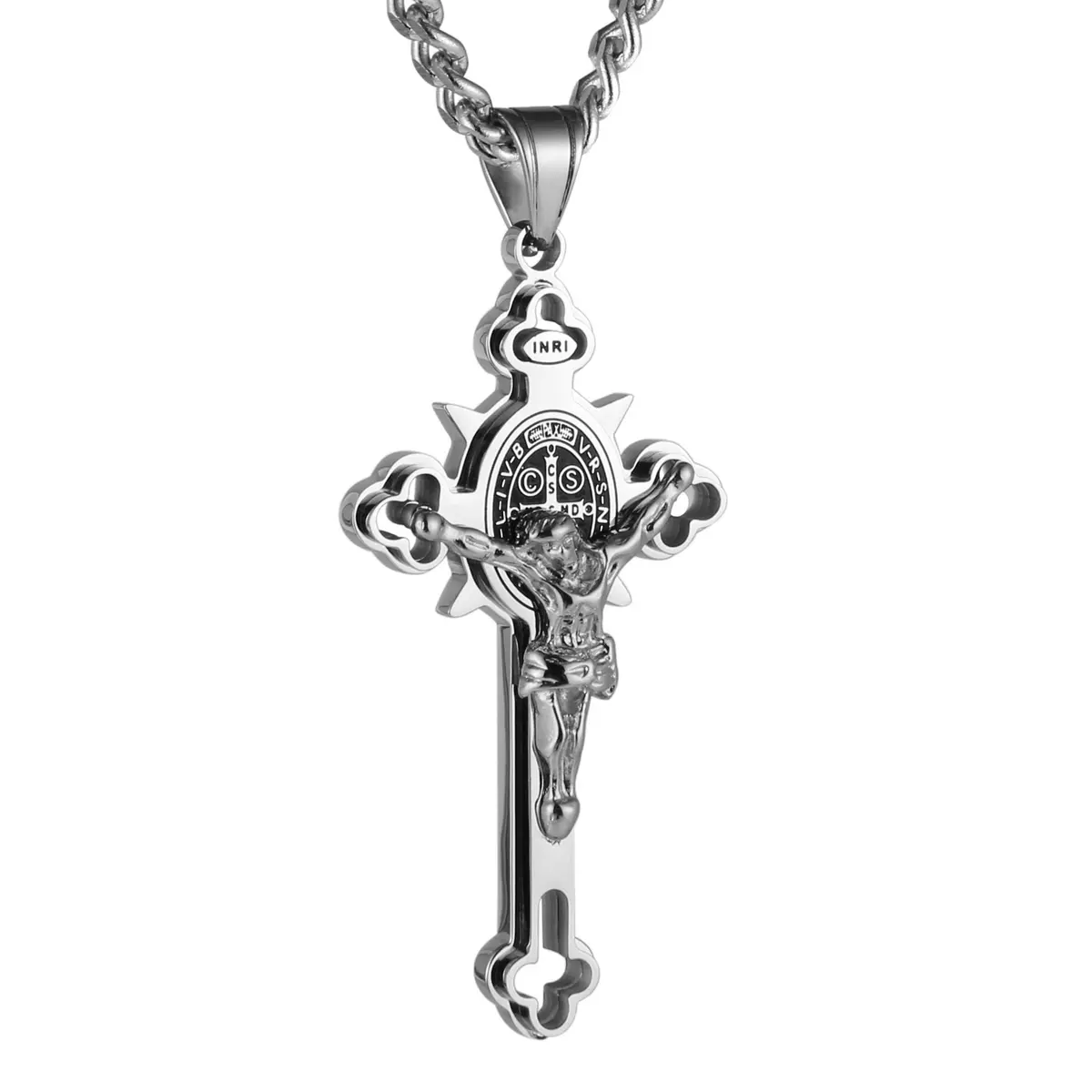 HZMAN Stainless Steel St. Benedict Crucifix Cross Necklace for Men | Durable Religious Pendant (70-120 chars) - main product image