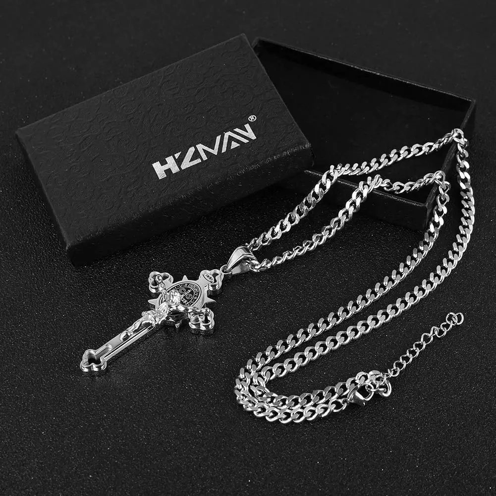 HZMAN Stainless Steel St. Benedict Crucifix Cross Necklace for Men | Durable Religious Pendant (70-120 chars) - view 5