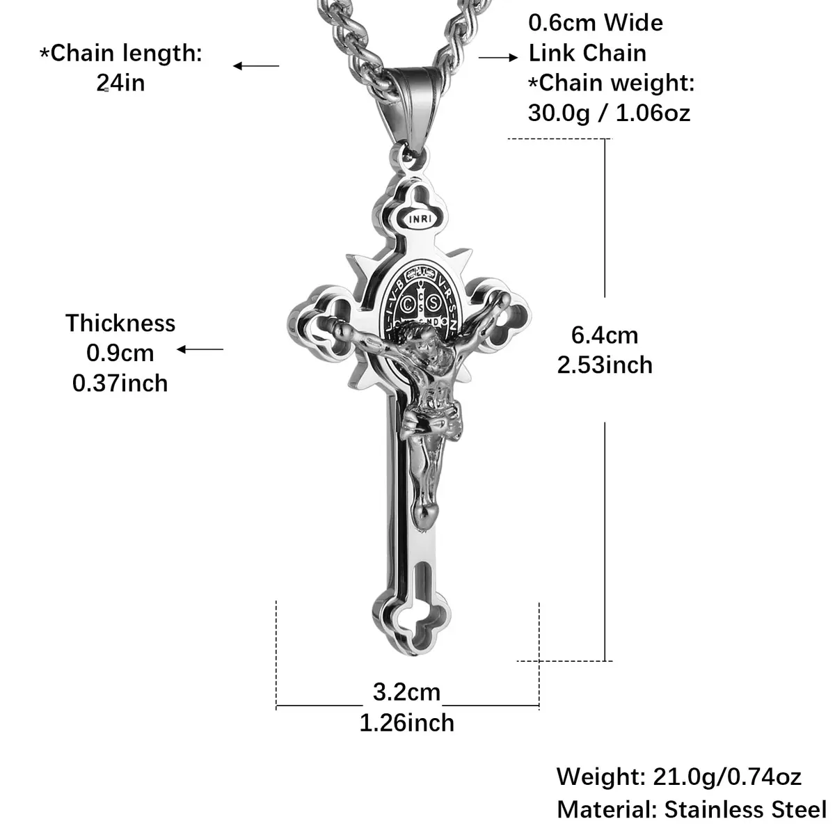 HZMAN Stainless Steel St. Benedict Crucifix Cross Necklace for Men | Durable Religious Pendant (70-120 chars) - view 6