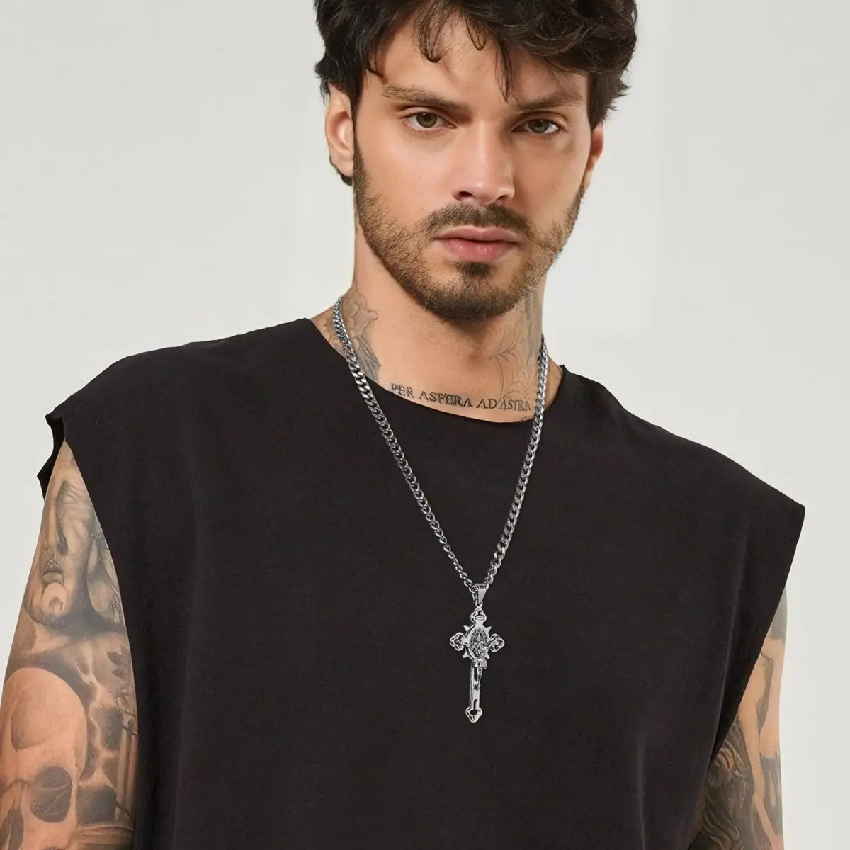 HZMAN Stainless Steel St. Benedict Crucifix Cross Necklace for Men | Durable Religious Pendant (70-120 chars) - view 2