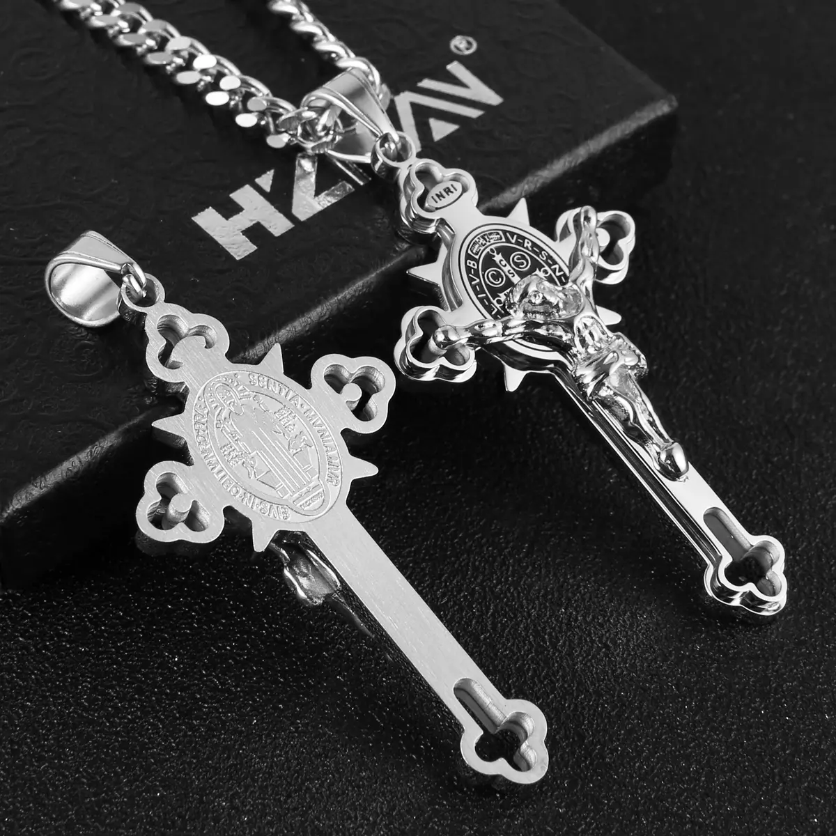 HZMAN Stainless Steel St. Benedict Crucifix Cross Necklace for Men | Durable Religious Pendant (70-120 chars) - view 4