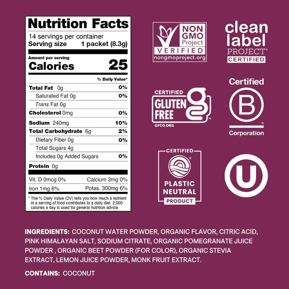 Cure Hydration Plant-Based Electrolyte Drink Mix Berry Pomegranate 14 Packets | Hydration Relief Powder - view 2