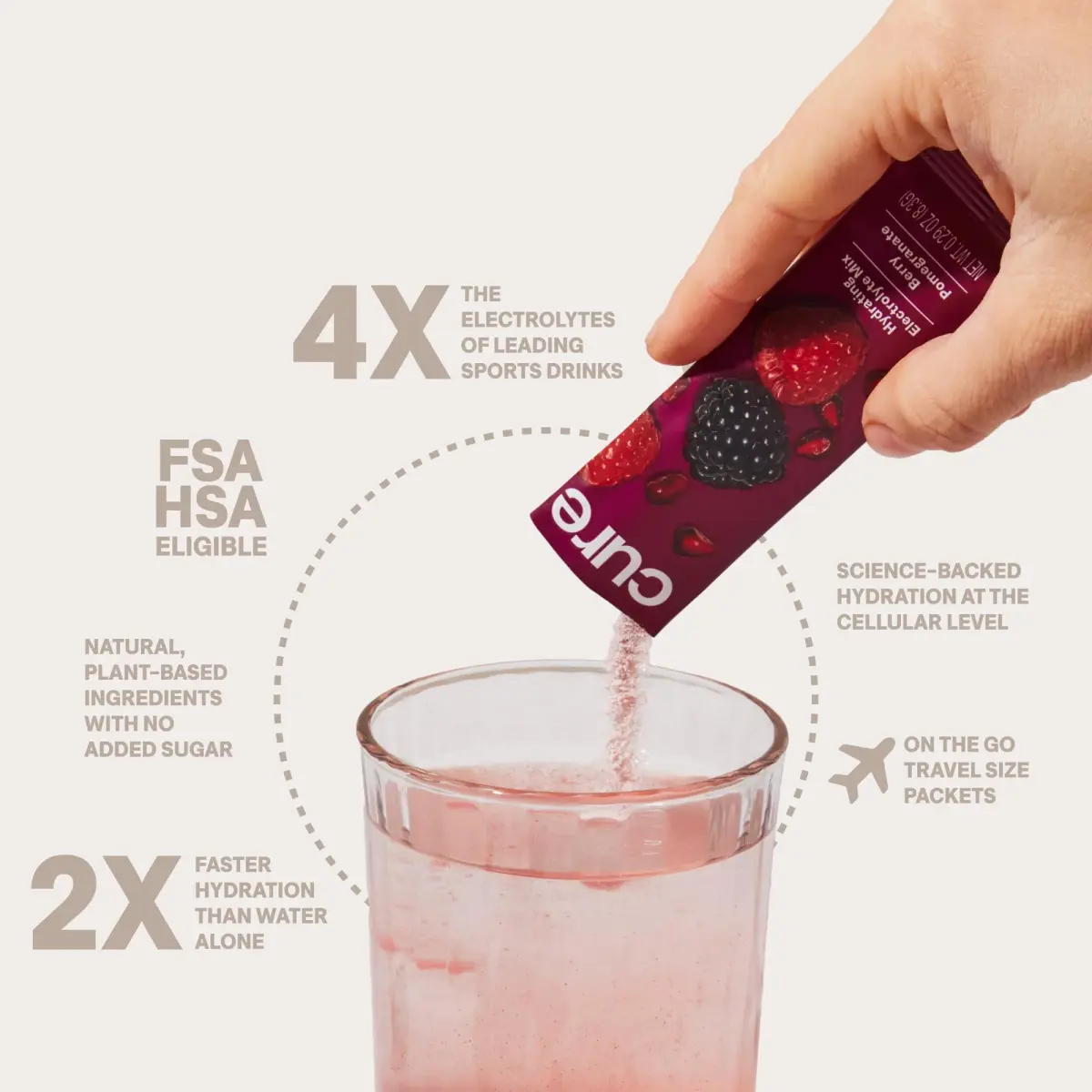 Cure Hydration Plant-Based Electrolyte Drink Mix Berry Pomegranate 14 Packets | Hydration Relief Powder - view 3