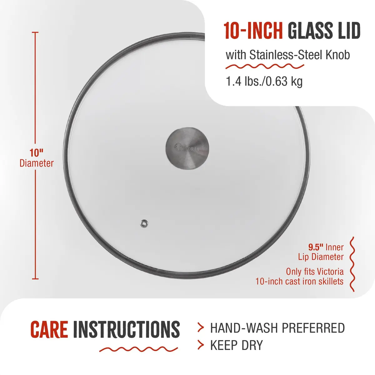 Victoria 9.5-Inch Tempered Glass Lid for 10-Inch Skillet | Oven-Safe Up to 450°F, Dishwasher-Safe, Stainless Steel Vent & Handle - view 6
