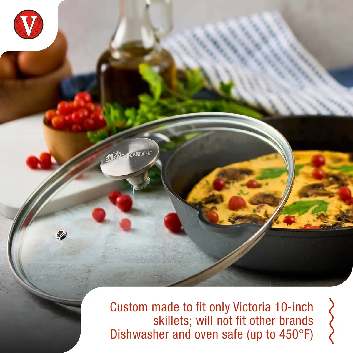 Victoria 9.5-Inch Tempered Glass Lid for 10-Inch Skillet | Oven-Safe Up to 450°F, Dishwasher-Safe, Stainless Steel Vent & Handle - view 3