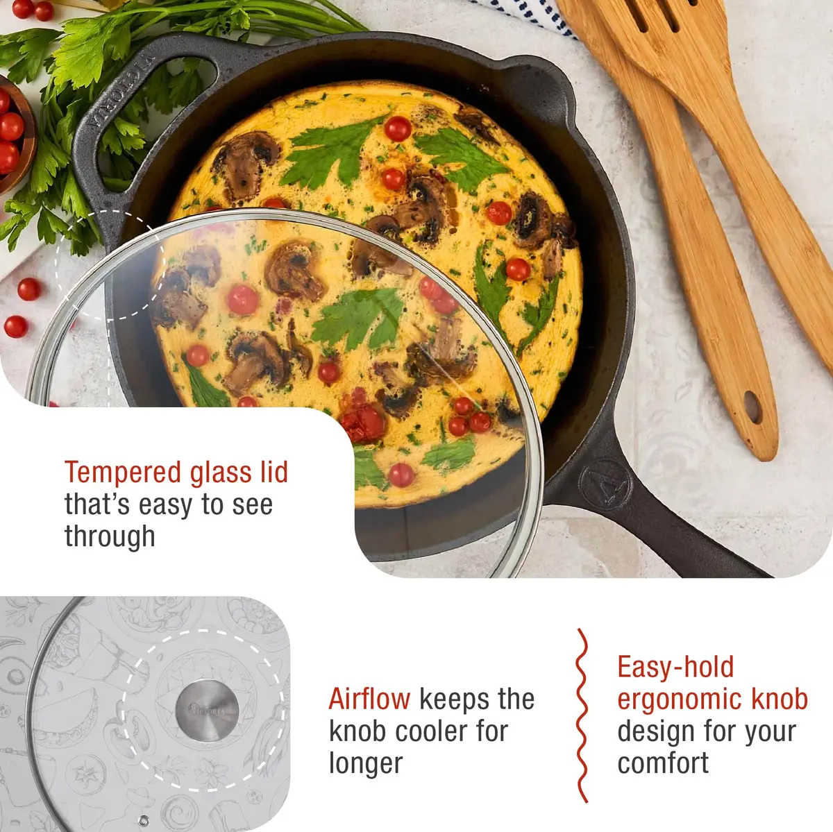 Victoria 9.5-Inch Tempered Glass Lid for 10-Inch Skillet | Oven-Safe Up to 450°F, Dishwasher-Safe, Stainless Steel Vent & Handle - view 4