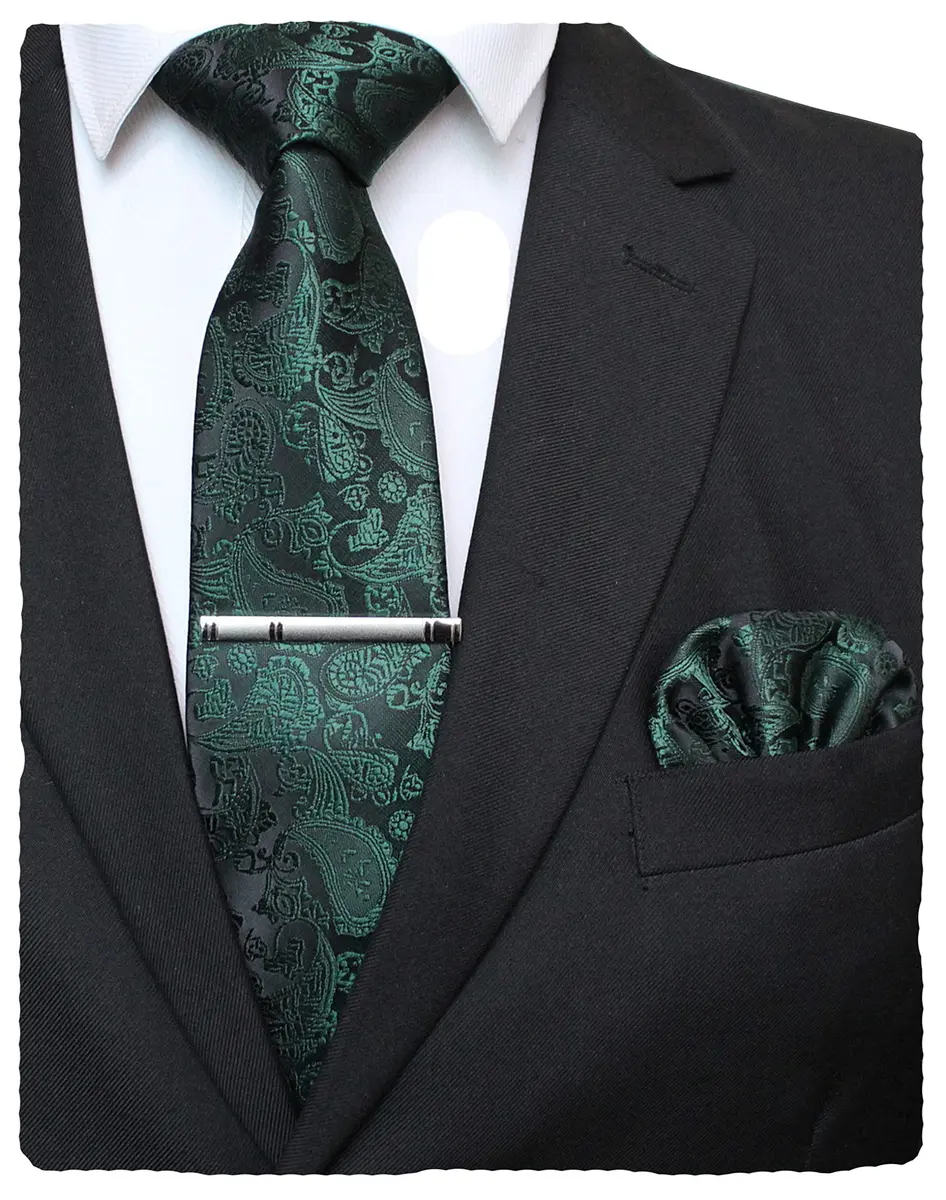 JEMYGINS Dark Green Paisley Tie Wedding Business Silk Necktie & Pocket Square, 150cm | Elegant Paisley Design for Men - main product image