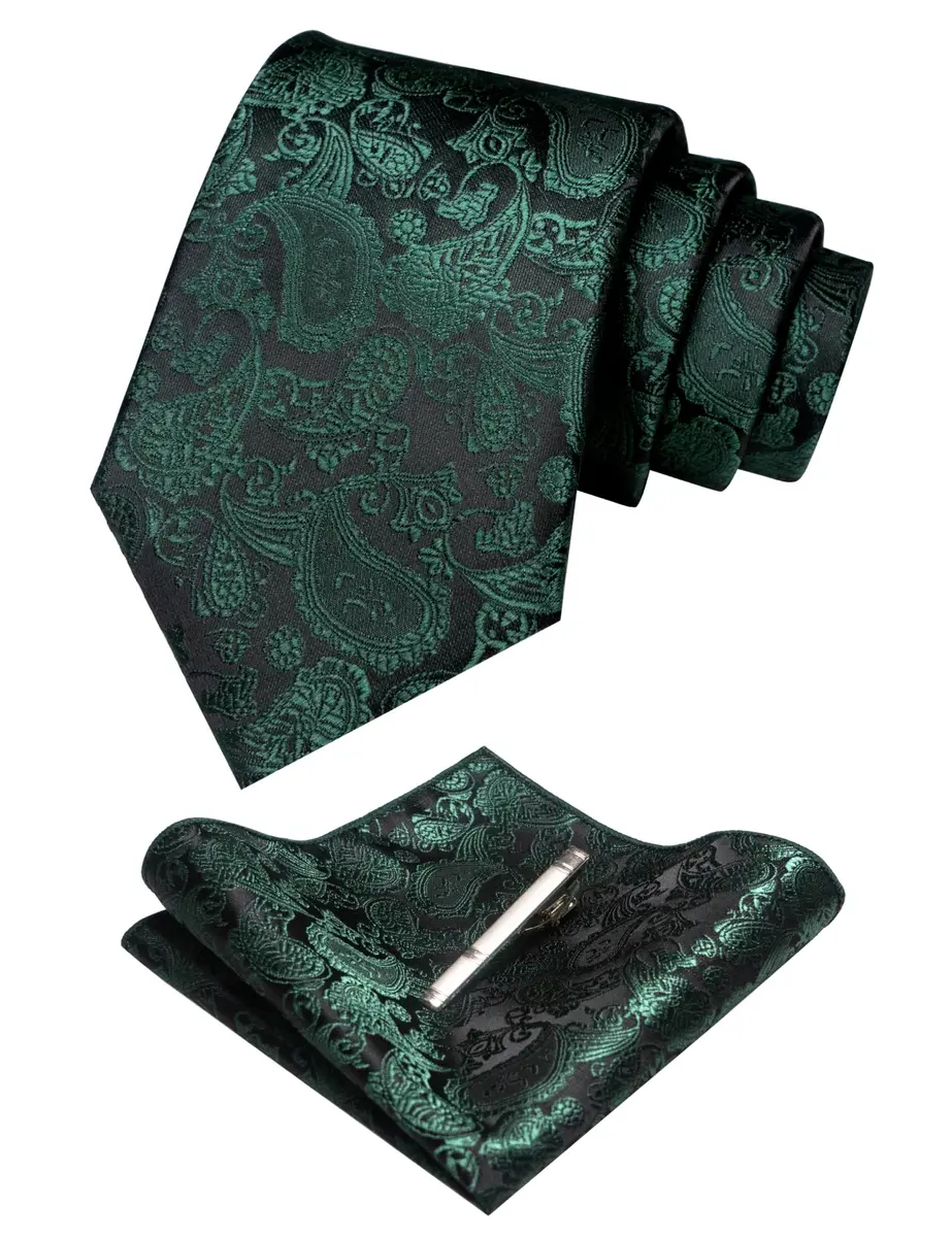 JEMYGINS Dark Green Paisley Tie Wedding Business Silk Necktie & Pocket Square, 150cm | Elegant Paisley Design for Men - view 2