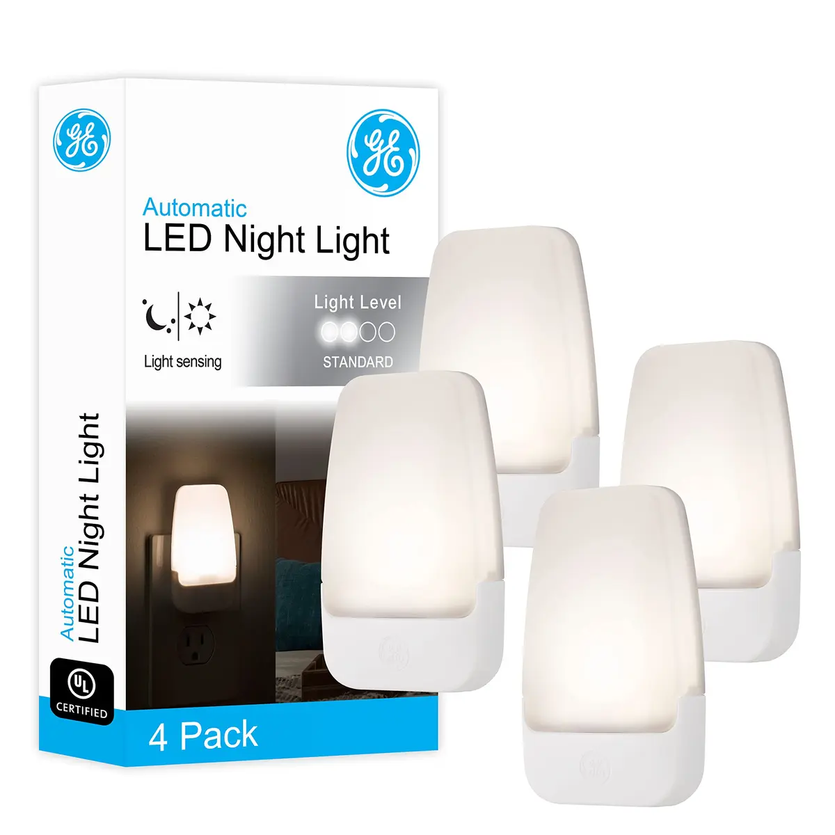 GE Plug-in Night Light with Dusk to Dawn Sensor, 4 Pack | Warm White LED, 0.5W - main product image