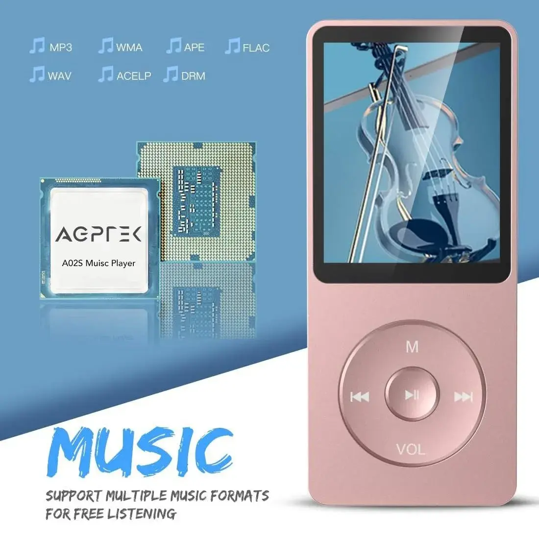 AGPTEK A02S MP3 Player 16GB Rose Gold | 70-Hour Playback Lossless Sound - view 3