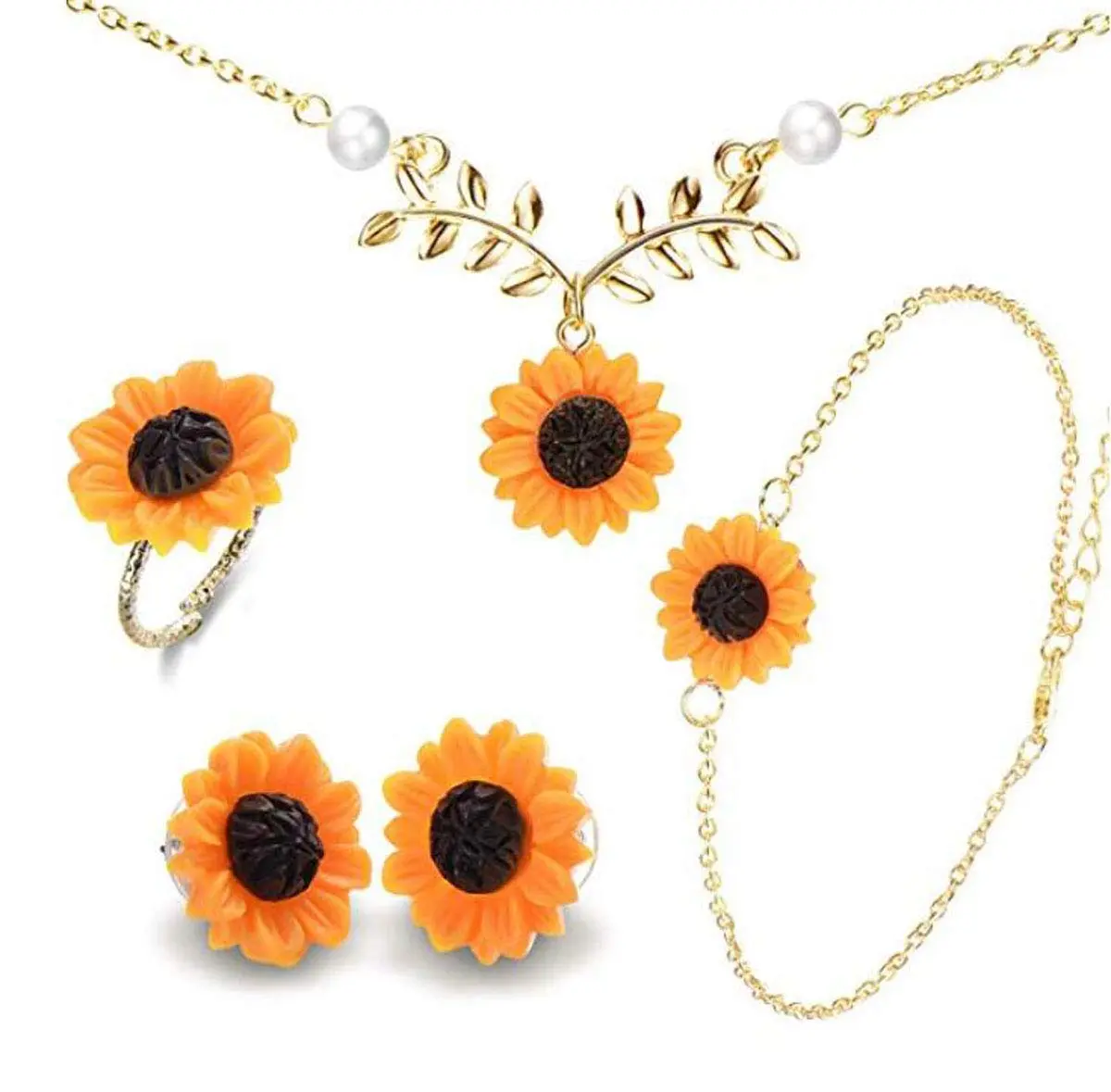 Suoirblss Jewelry Set of 5 Sunflower Faux Pearl Leaf Chain Necklace with Bracelet Earrings Ring | Bohemian Style, Adjustable, Gold - main product image