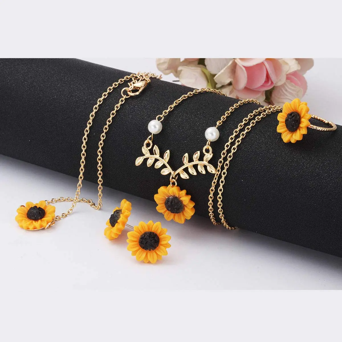 Suoirblss Jewelry Set of 5 Sunflower Faux Pearl Leaf Chain Necklace with Bracelet Earrings Ring | Bohemian Style, Adjustable, Gold - view 5