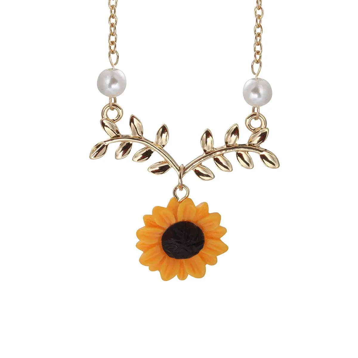 Suoirblss Jewelry Set of 5 Sunflower Faux Pearl Leaf Chain Necklace with Bracelet Earrings Ring | Bohemian Style, Adjustable, Gold - view 2