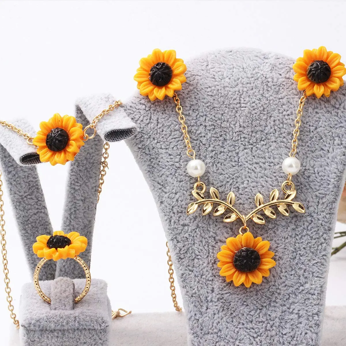 Suoirblss Jewelry Set of 5 Sunflower Faux Pearl Leaf Chain Necklace with Bracelet Earrings Ring | Bohemian Style, Adjustable, Gold - view 4