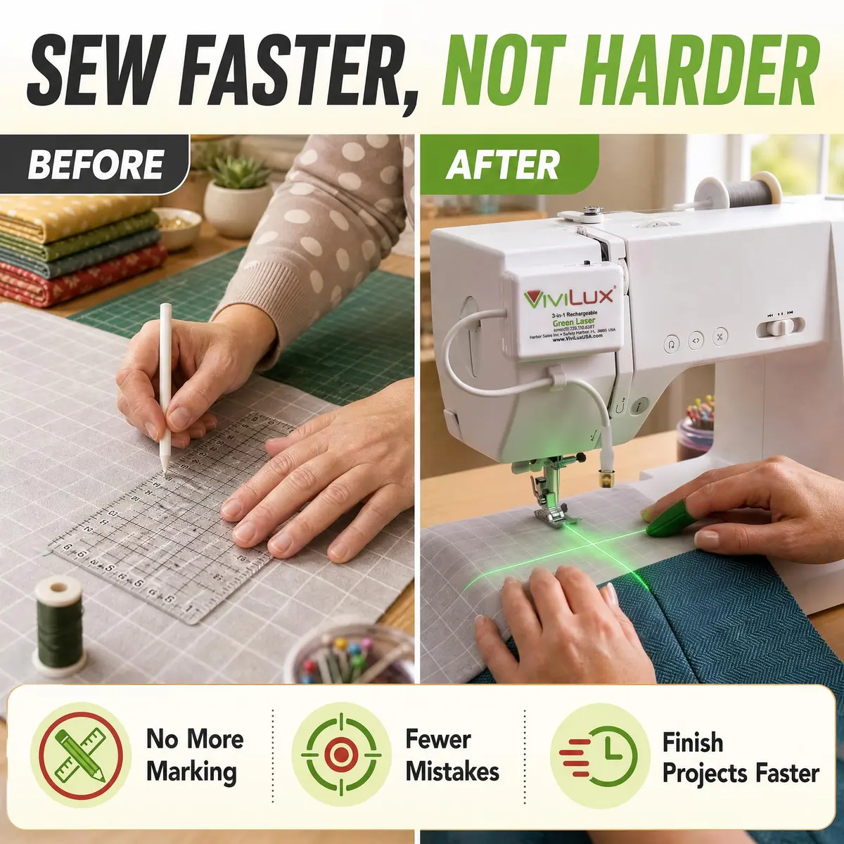 ViviLux Green Laser Guide for Sewing & Quilting, Rechargeable, Magnetic Mount, 20+ Hr Battery - view 7