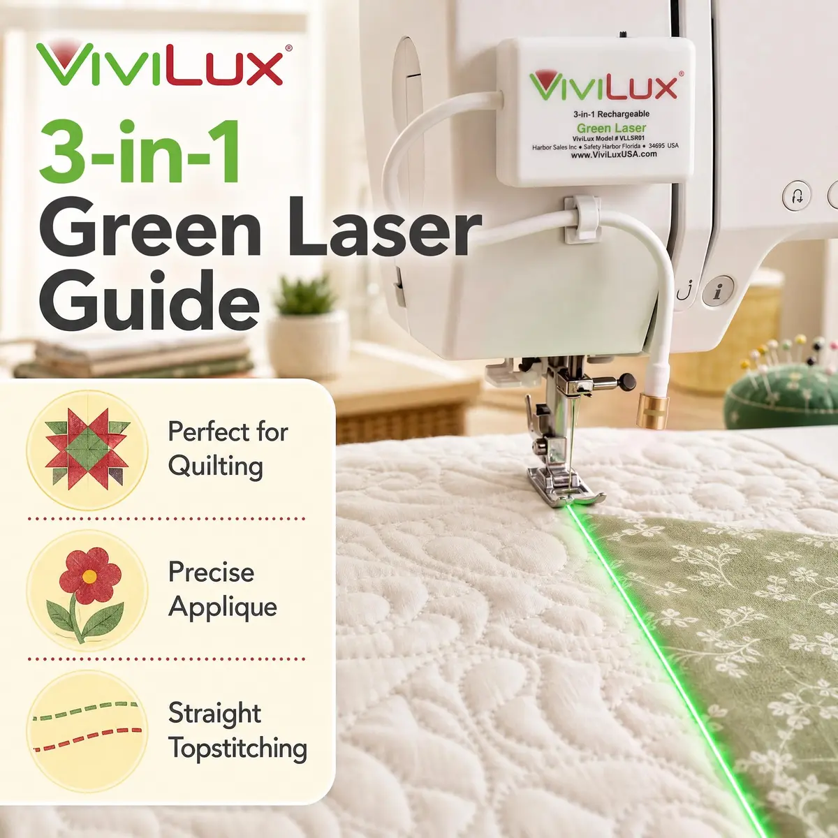 ViviLux Green Laser Guide for Sewing & Quilting, Rechargeable, Magnetic Mount, 20+ Hr Battery - view 2