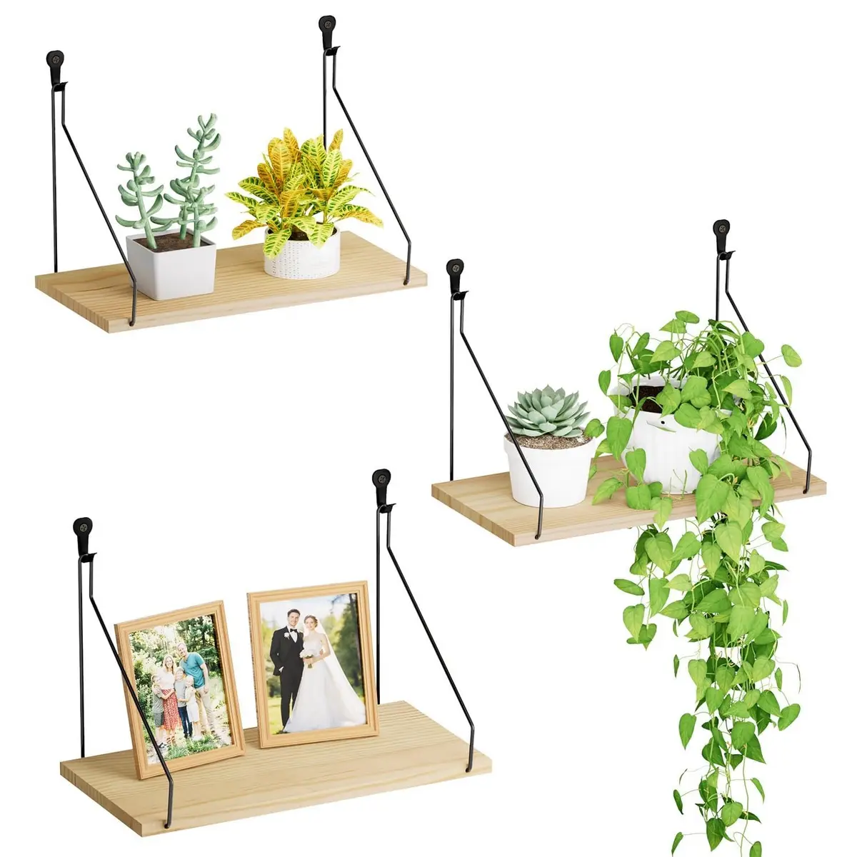 QsQueen Floating Shelves for Wall, Rustic Wood Shelf, 11.8 Inch | No Drill Wall Mount Storage - main product image