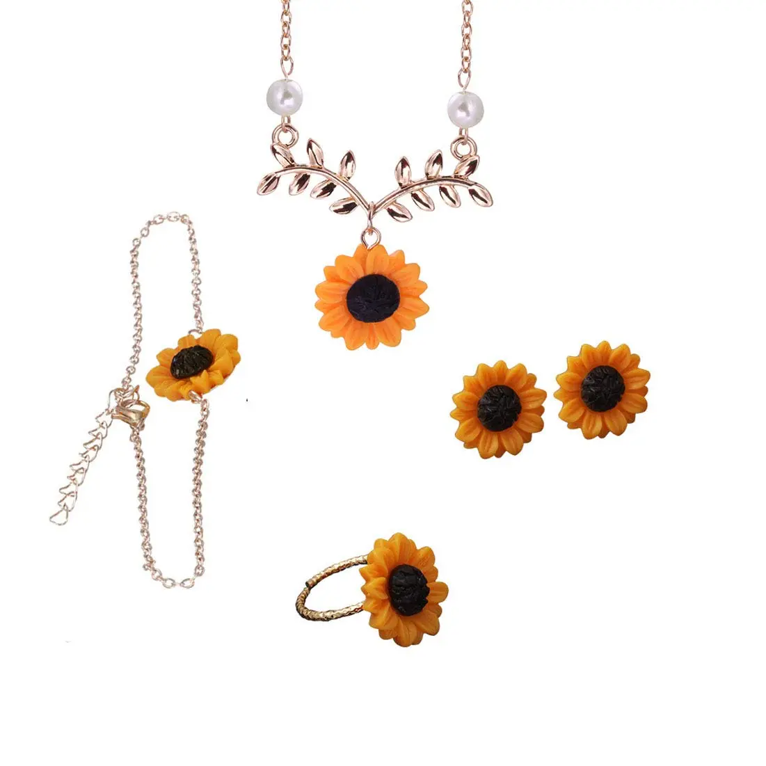 Suoirblss Jewelry Set of 5 Sunflower Faux Pearl Leaf Chain Rose Gold | Adjustable & Eye-Catching (70-120 chars) - main product image