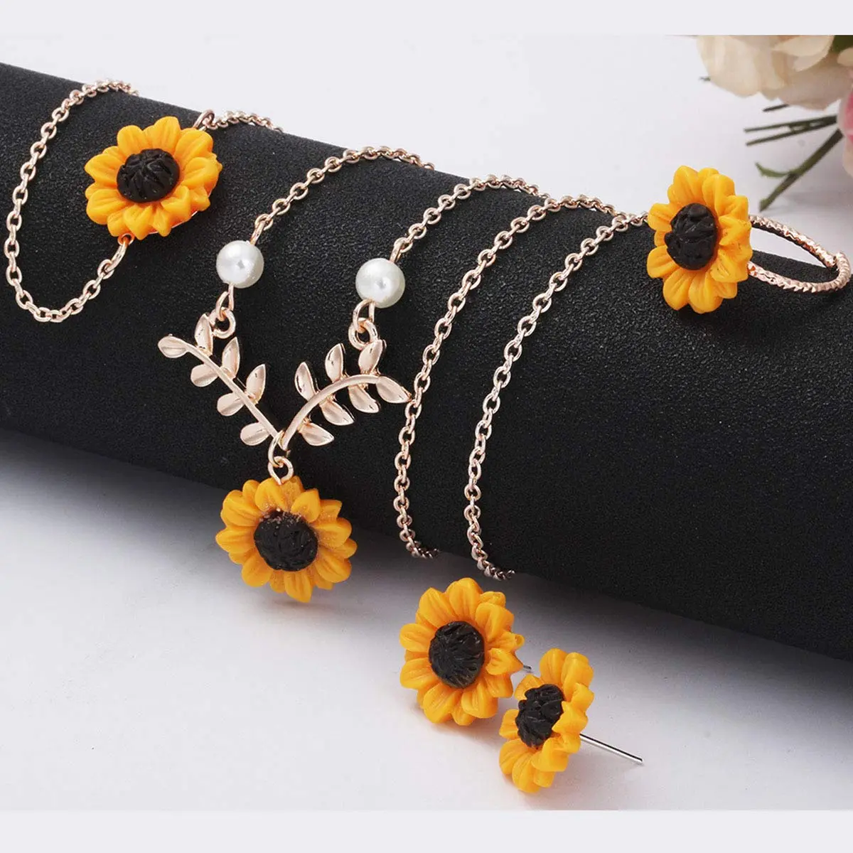 Suoirblss Jewelry Set of 5 Sunflower Faux Pearl Leaf Chain Rose Gold | Adjustable & Eye-Catching (70-120 chars) - view 2