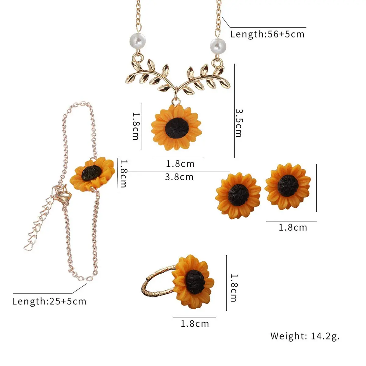 Suoirblss Jewelry Set of 5 Sunflower Faux Pearl Leaf Chain Rose Gold | Adjustable & Eye-Catching (70-120 chars) - view 4