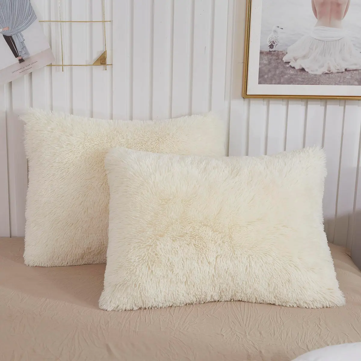 XeGe Fluffy Faux Fur Bed Pillow Cases, Set of 2, Standard, 20x26, Beige | Ultra Soft Plush Microfiber - main product image