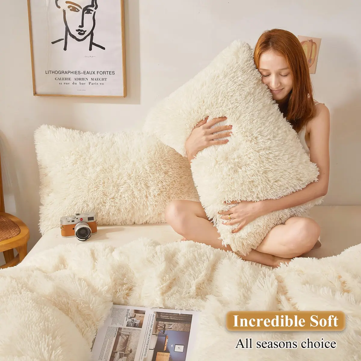XeGe Fluffy Faux Fur Bed Pillow Cases, Set of 2, Standard, 20x26, Beige | Ultra Soft Plush Microfiber - view 5