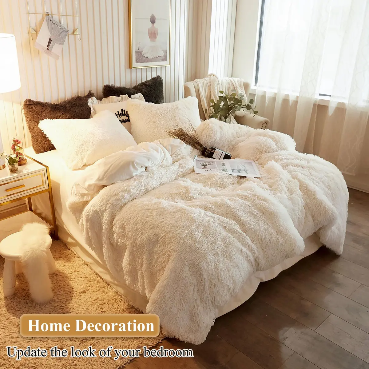 XeGe Fluffy Faux Fur Bed Pillow Cases, Set of 2, Standard, 20x26, Beige | Ultra Soft Plush Microfiber - view 6