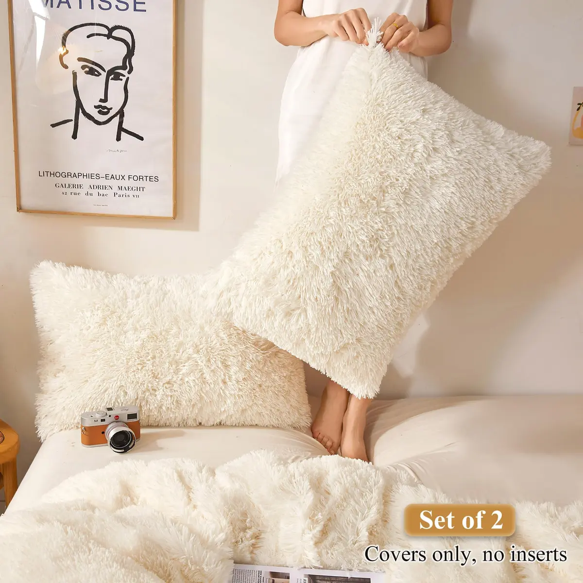 XeGe Fluffy Faux Fur Bed Pillow Cases, Set of 2, Standard, 20x26, Beige | Ultra Soft Plush Microfiber - view 2