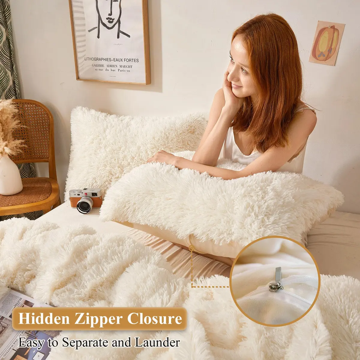 XeGe Fluffy Faux Fur Bed Pillow Cases, Set of 2, Standard, 20x26, Beige | Ultra Soft Plush Microfiber - view 3
