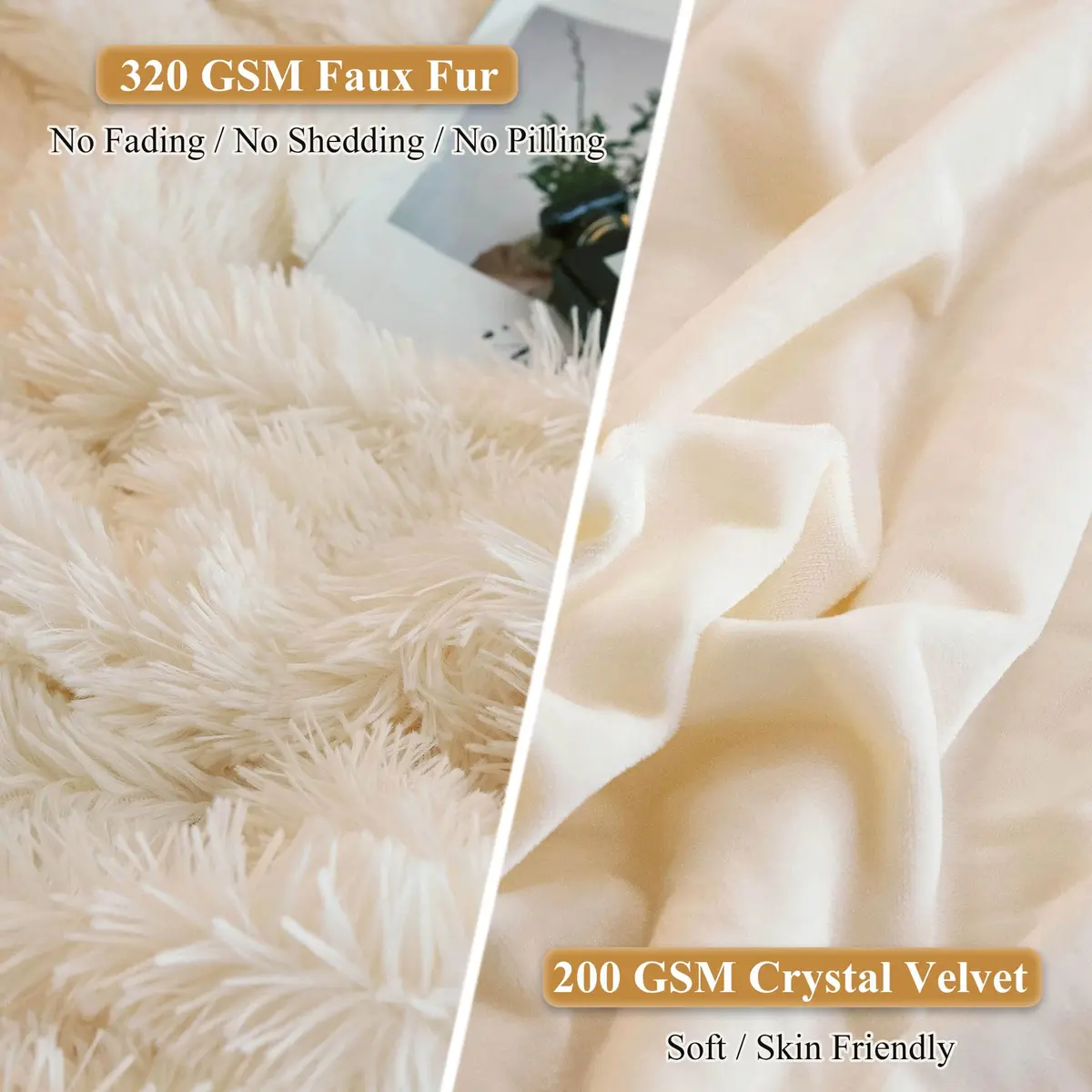XeGe Fluffy Faux Fur Bed Pillow Cases, Set of 2, Standard, 20x26, Beige | Ultra Soft Plush Microfiber - view 4