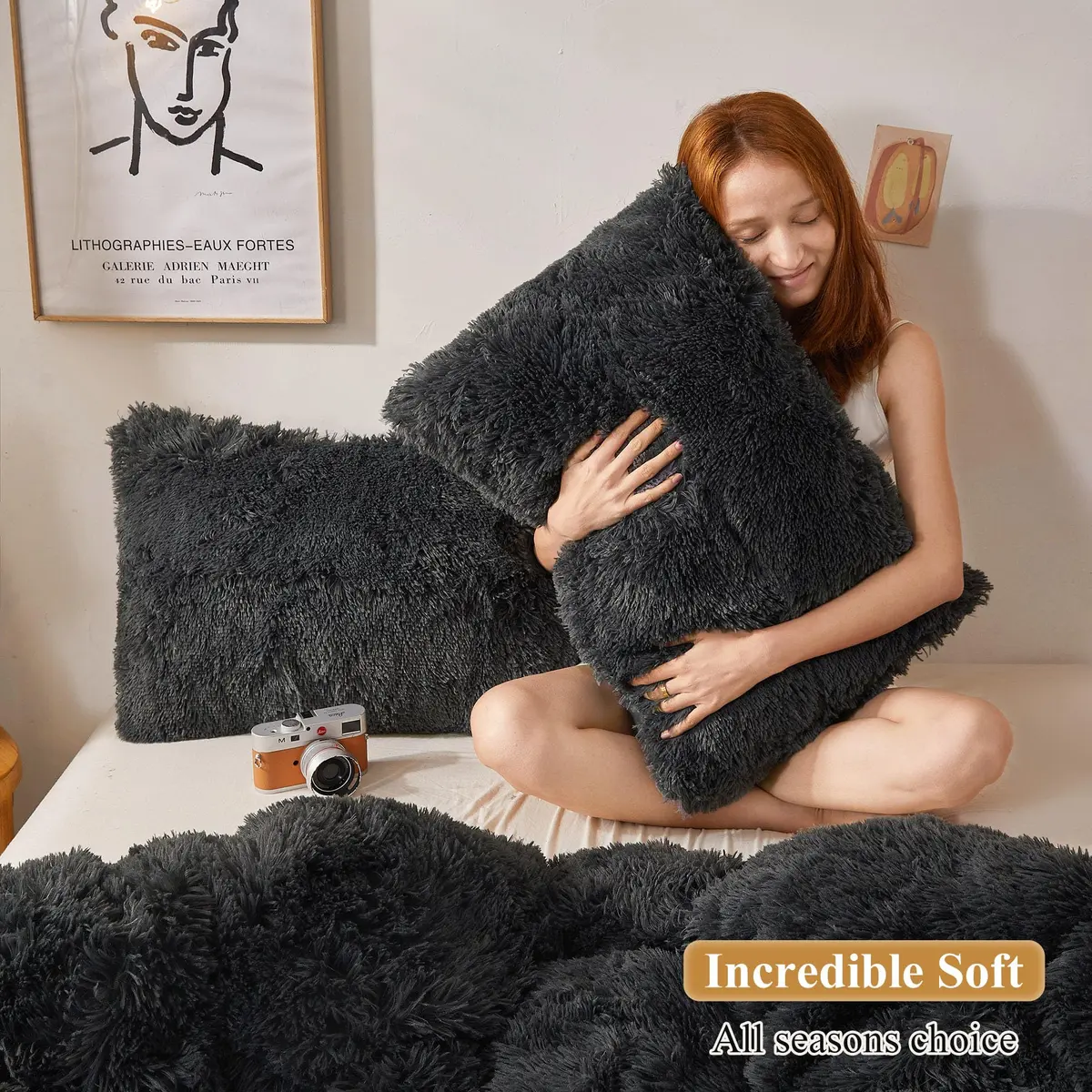 XeGe Fluffy Faux Fur Pillowcases, Set of 2 King 51x91cm (20x36in), Dark Gray | Soft Plush Shaggy Decorative Pillow Covers for Bed Couch - view 5