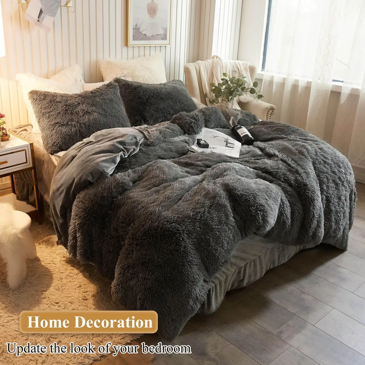 XeGe Fluffy Faux Fur Pillowcases, Set of 2 King 51x91cm (20x36in), Dark Gray | Soft Plush Shaggy Decorative Pillow Covers for Bed Couch - view 6