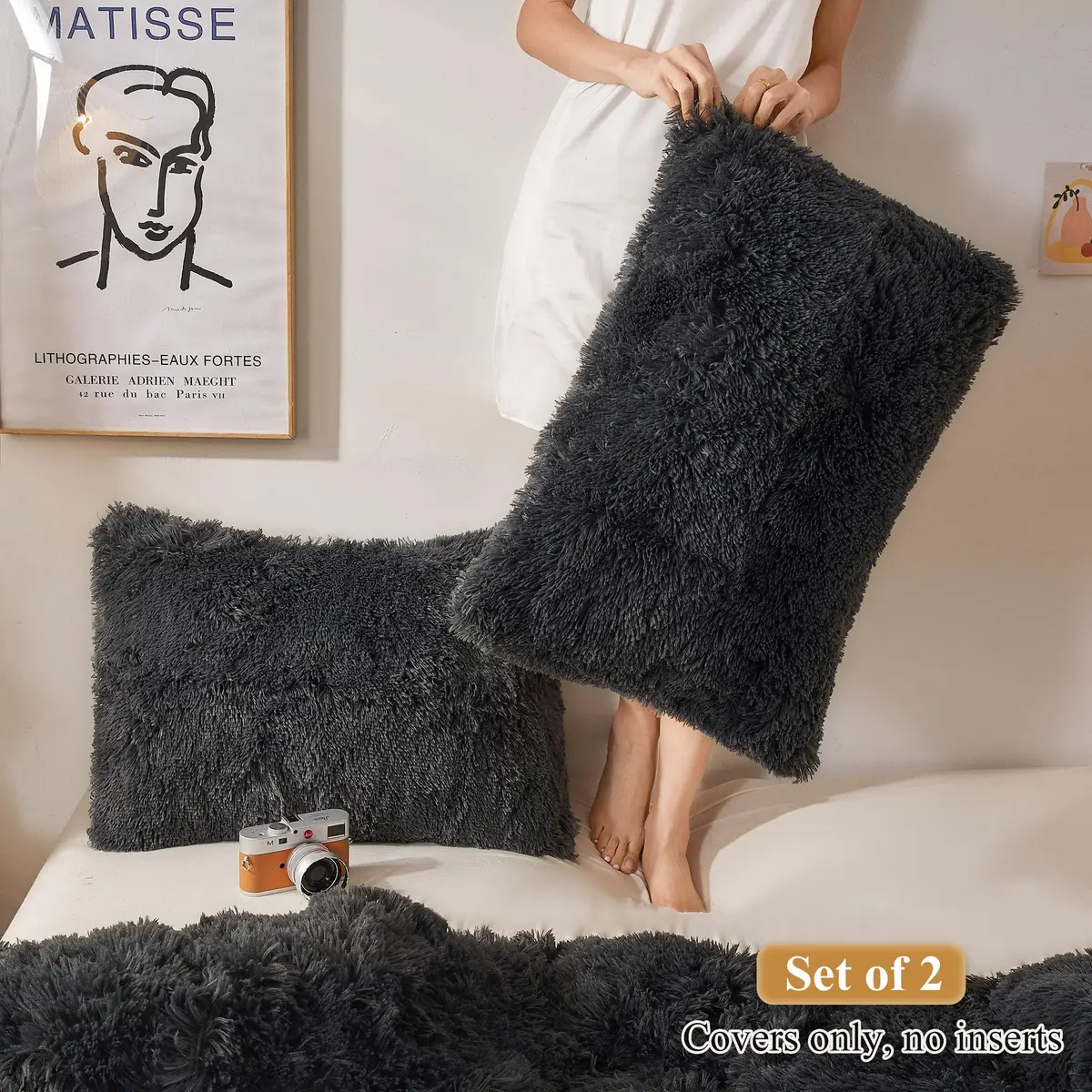 XeGe Fluffy Faux Fur Pillowcases, Set of 2 King 51x91cm (20x36in), Dark Gray | Soft Plush Shaggy Decorative Pillow Covers for Bed Couch - view 2
