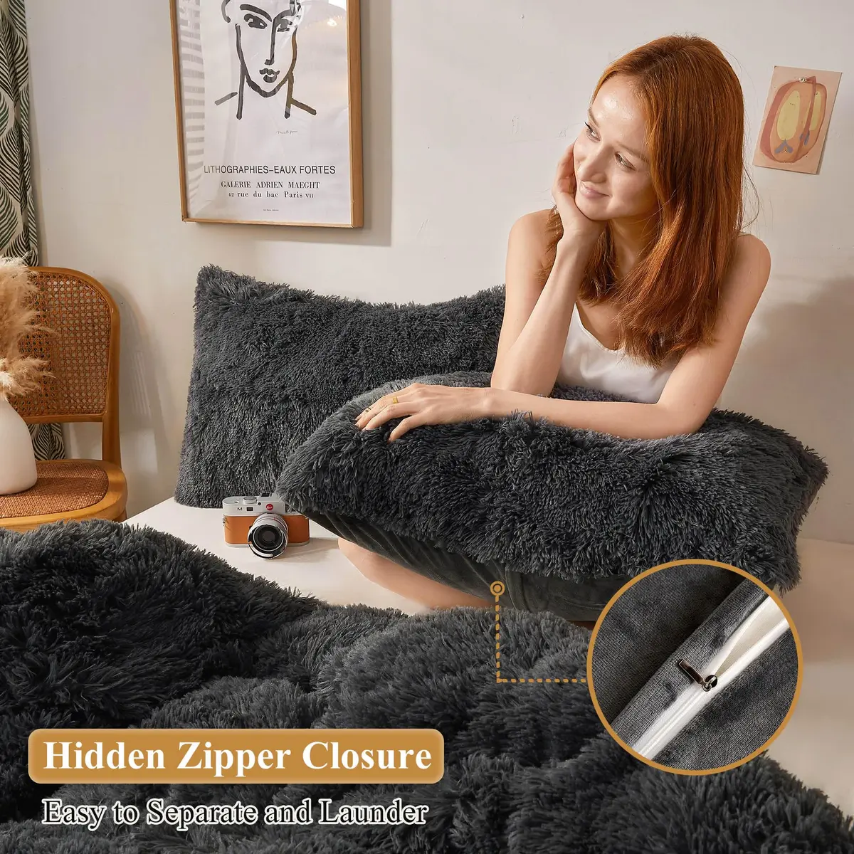 XeGe Fluffy Faux Fur Pillowcases, Set of 2 King 51x91cm (20x36in), Dark Gray | Soft Plush Shaggy Decorative Pillow Covers for Bed Couch - view 3