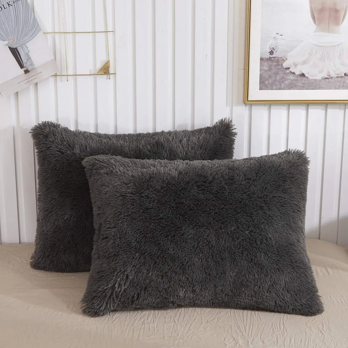 XeGe Fluffy Faux Fur Bed Pillow Cases, Set of 2, Standard 51x66cm (20x26 inches), Dark Gray | Plush Shaggy Decorative Pillow Covers for Bedroom Comfort - main product image
