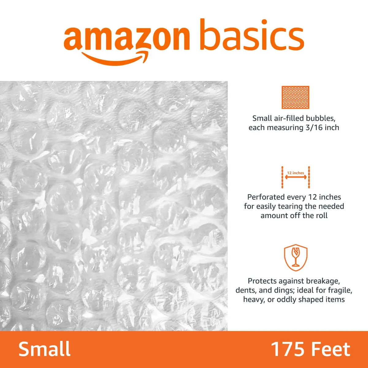 Amazon Basics Perforated Bubble Wrap Roll 30.48 cm x 53.34 m | Small 3/16" Bubbles, Clear - view 2