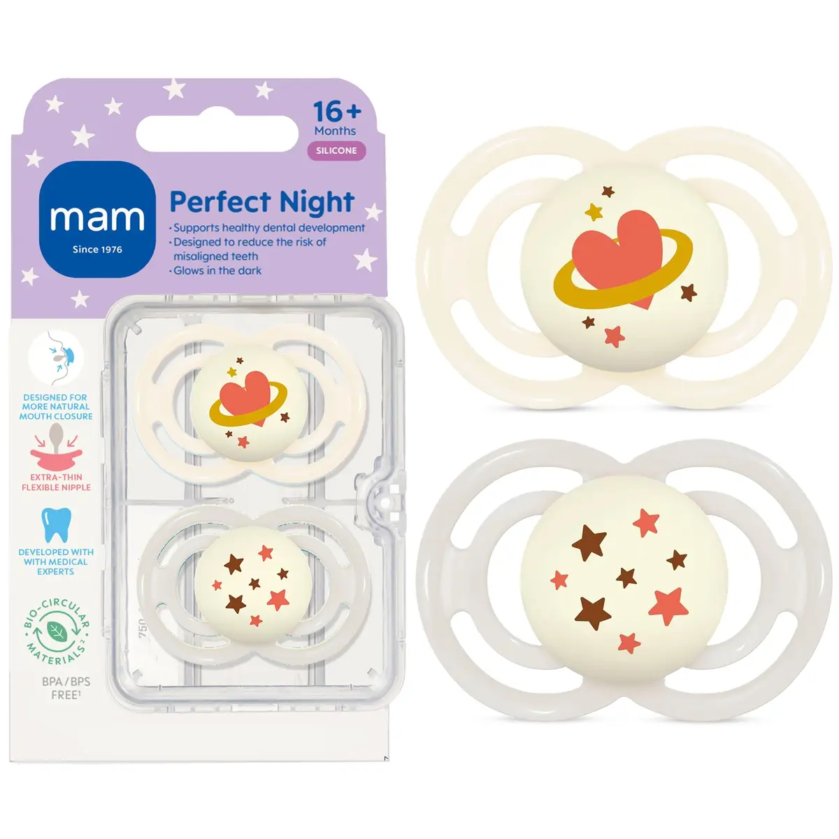 MAM Perfect Baby Pacifier 16+ Months, Extra Thin Nipple, 2 Count | Developed with Orthodontists & Pediatric Dentists - main product image
